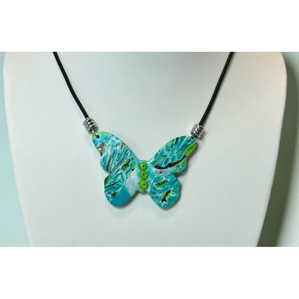 Handmade Large Butterfly Blue & Green Polymer Clay Pendant Necklace on Cord SS